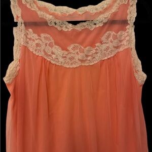 Vintage Peach Lace Trim Sheer Slip Dress Nightgown